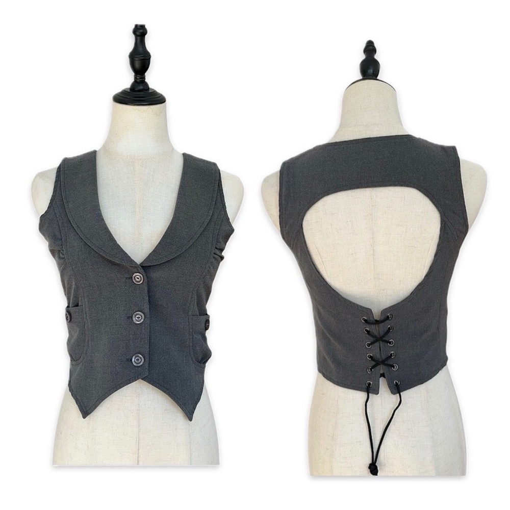 Seductions Waistcoat Vest Women Medium Gray Excellent Lace Up Back Y2K Steampunk
